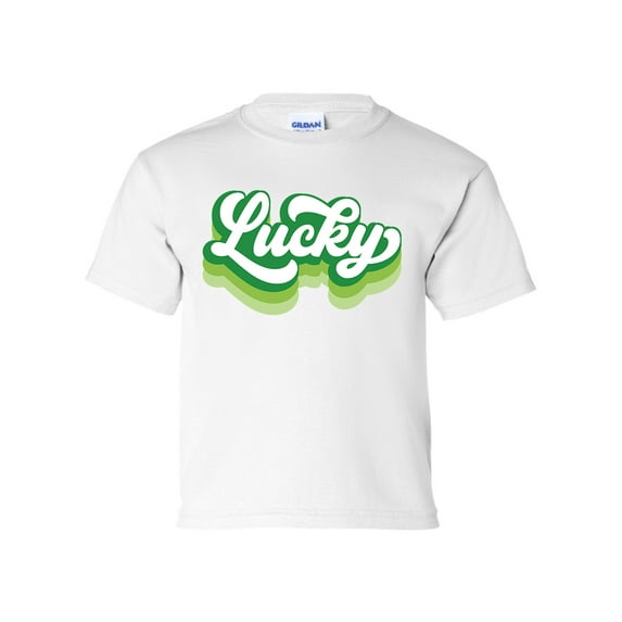Retro Lucky Youth Kids St. Patricks Day Shamrock Short Sleeve T-shirt Graphic Tee-White-xl