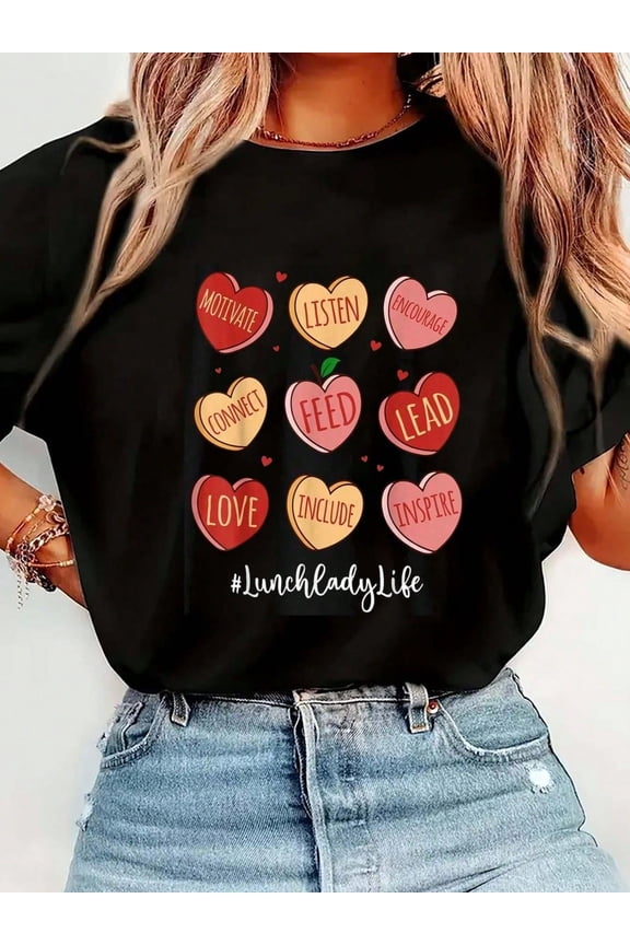 Retro Lunch Lady Life T-Shirt Women's School Cafeteria Worker Appreciation Graphic Tee Cute Heart Candy Design Motivate Inspire Lead Top
