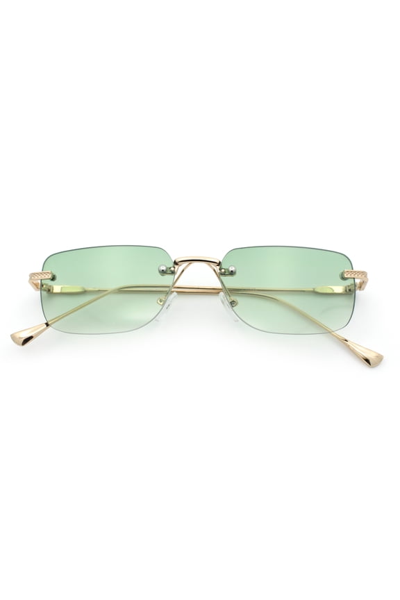 Retro Luxe Rimless Rectangle Metal Frame 90s Fashion Sunglasses Gold - Green