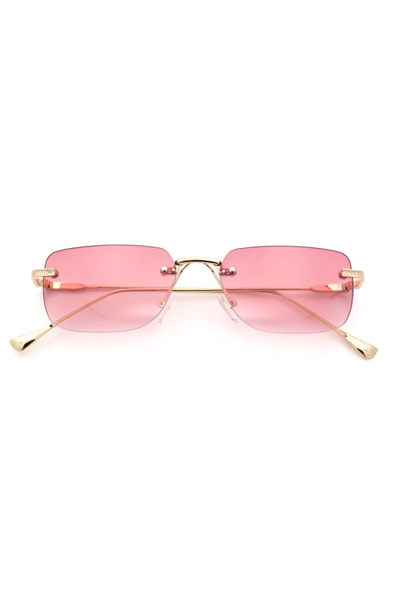 Retro Luxe Rimless Rectangle Metal Frame 90s Fashion Sunglasses Gold - Pink