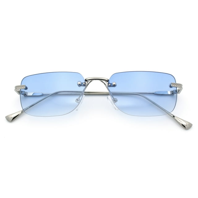 Retro Luxe Rimless Rectangle Metal Frame 90s Fashion Sunglasses Silver - Blue