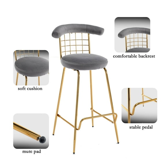 Retro Luxury Velvet High Bar Stool - Gray Set of 2