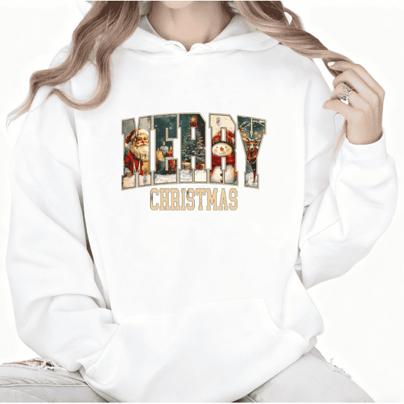 Retro MERRY CHRISTMAS Graphic Sweatshirt Letter Print Hoodie White Women S-2XL Tops