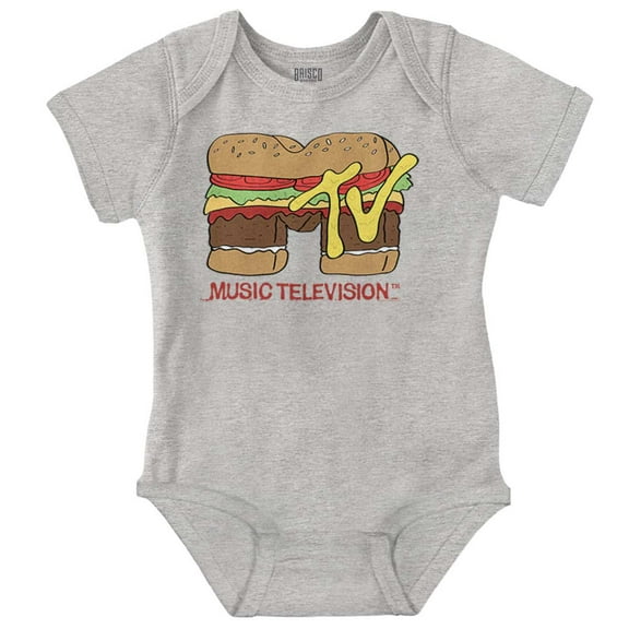 Retro MTV Cheese Burger Food Logo Romper Boys or Girls Infant Baby Brisco Brands NB
