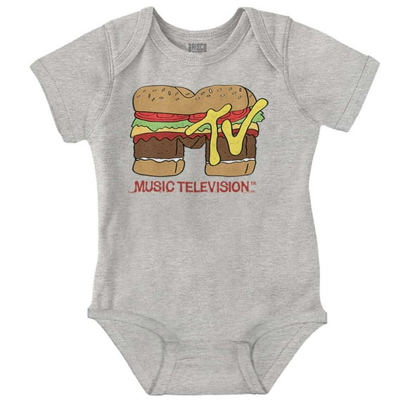 Retro MTV Cheese Burger Food Logo Romper Boys or Girls Infant Baby Brisco Brands NB