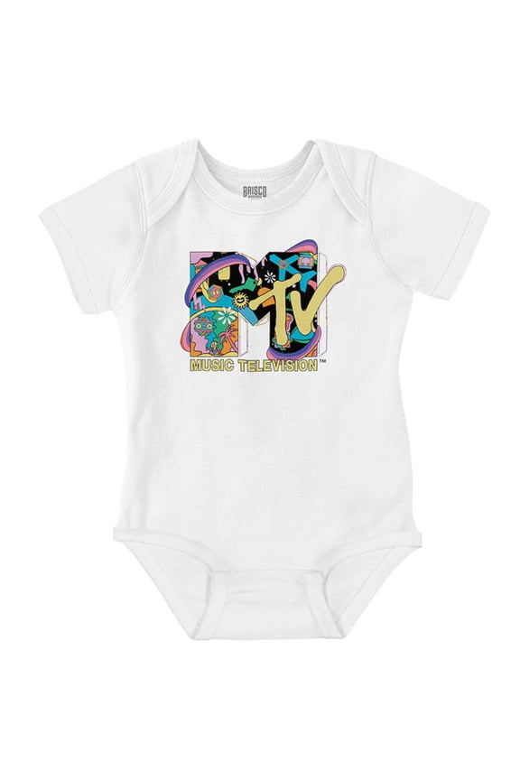 Retro MTV Rainbow Collage Logo Romper Boys or Girls Infant Baby Brisco Brands 18M