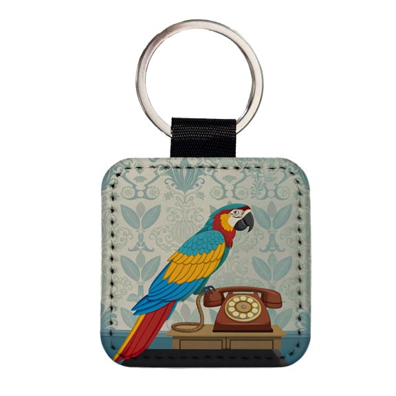 Retro Macaw Colorful Bird Faux Leather Square Keychain