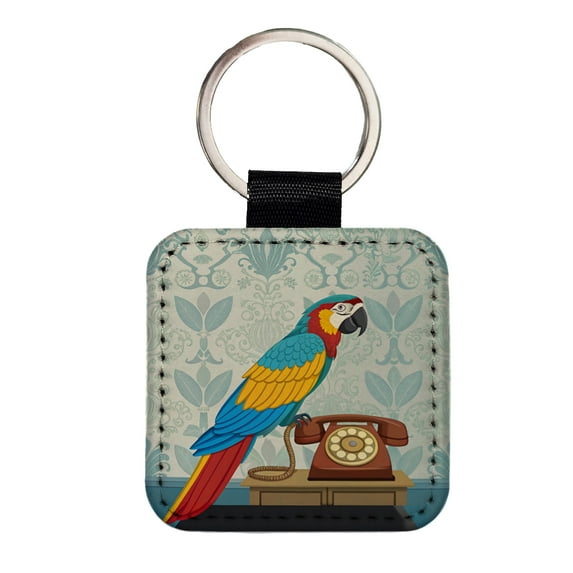 Retro Macaw Colorful Bird Faux Leather Square Keychain