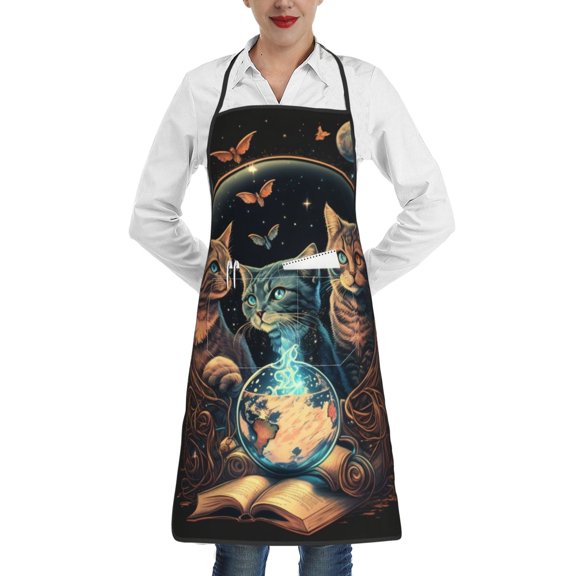 Retro Magic Cats Cool Cat Apron with Pocket Cooking Waterproof Bib Aprons for Kitchen Baking Chef Gardening BBQ