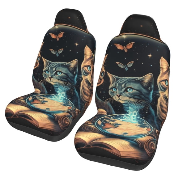 Retro Magic Cats Cool Cat Car Seat Cover 2 Pcs Auto Front Bucket Seats Protector Cushion Universal Vehicle Truck SUV