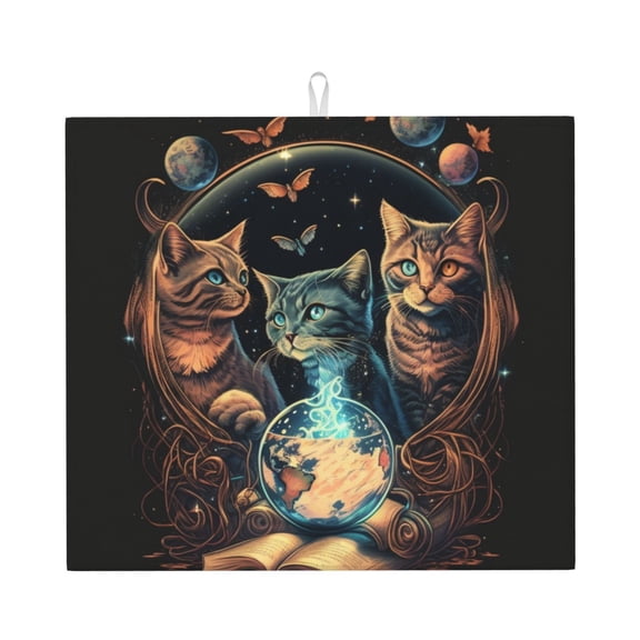 Retro Magic Cats Cool Cat Kitchen Drying Mat 18x16 Inch Ultra Absorbent Countertop Mat Foldable with Hanging Loop