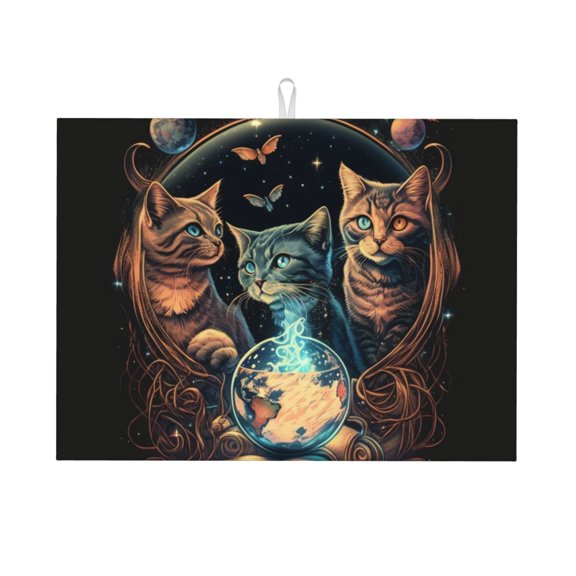 Retro Magic Cats Cool Cat Large Kitchen Drying Mat 18x24 Inch Ultra Absorbent Dish Drying Mats Foldable Countertop Protector