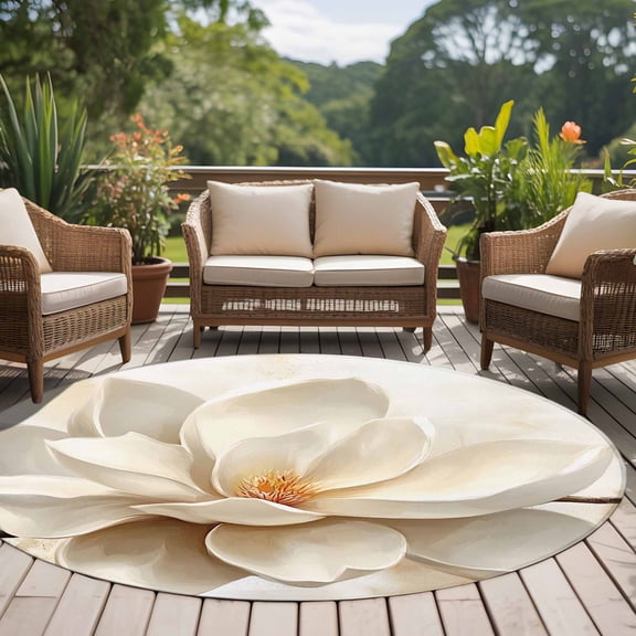 Retro Magnolia 8ft Round Rug for Open Concept Living Room Seating Zone, White Floral Washable Non Slip Large Circle Area Rug