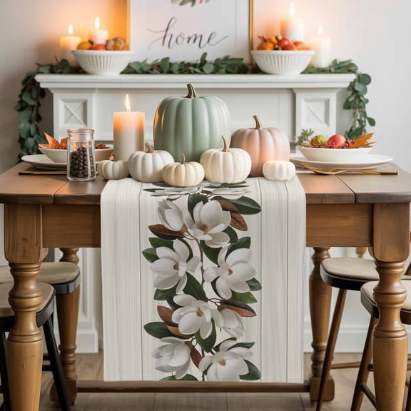 Retro Magnolia Cotton Linen Table Runner, Washable Table Runners for Kitchen, Dining Room, Holiday, Home Party Table Decor, 13x108 Inches
