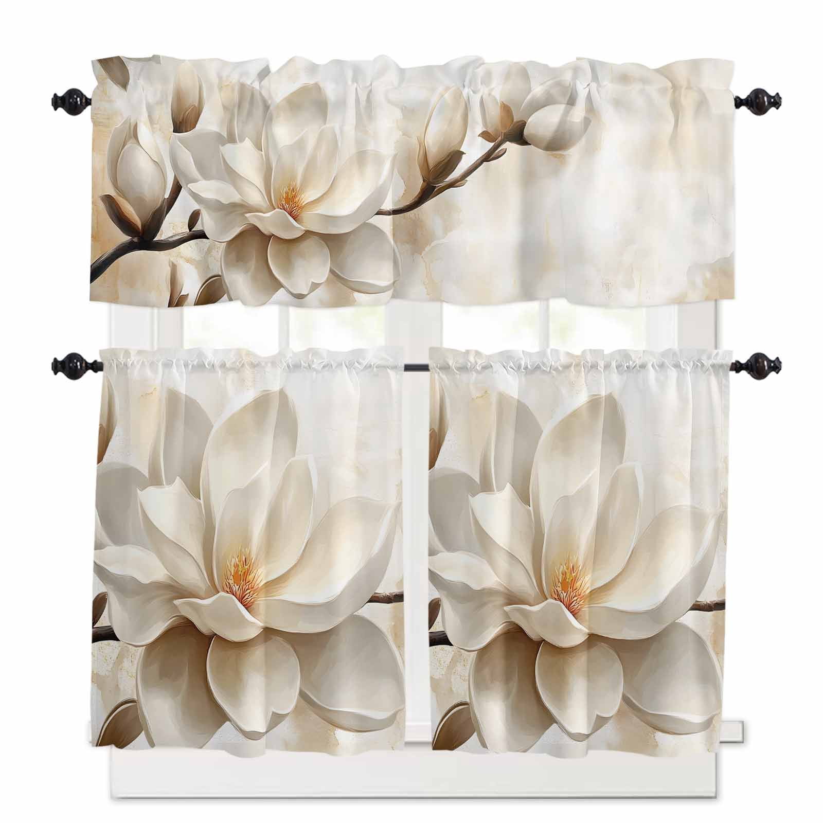 Retro Magnolia Kitchen Curtains and Valances Set, White Floral Vintage