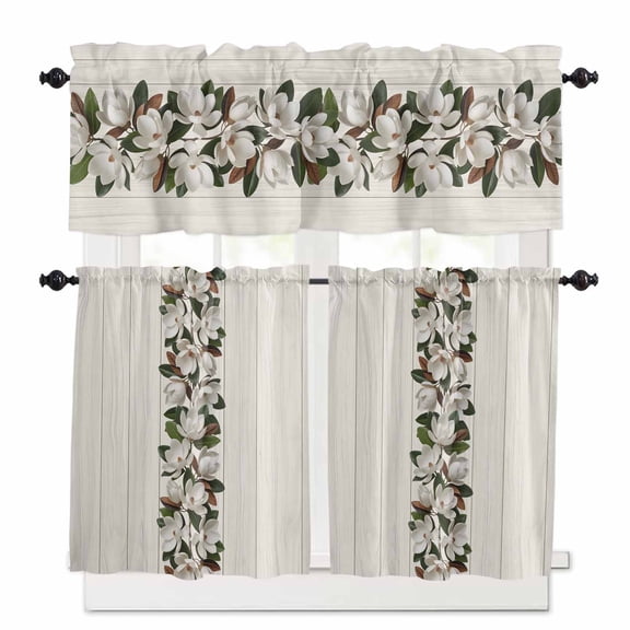 Retro Magnolia Kitchen Curtains Valances and Tiers Set of 3, 36 Inch Length Tier Curtains and Valance Rod Pocket Valance Curtains Set for Kitchen Bathroom Small Windows