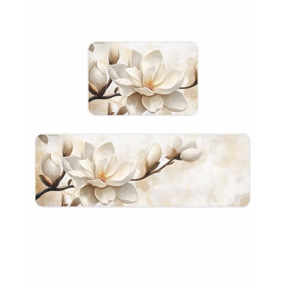 Retro Magnolia Kitchen Mats for Floor 2 Piece, White Floral Vintage Pastoral Style Absorbent Non-Slip Kitchen Rugs Comfort Standing Mat for Laundry, Hallways 23.6"x35.4"+23.6"x70.9"