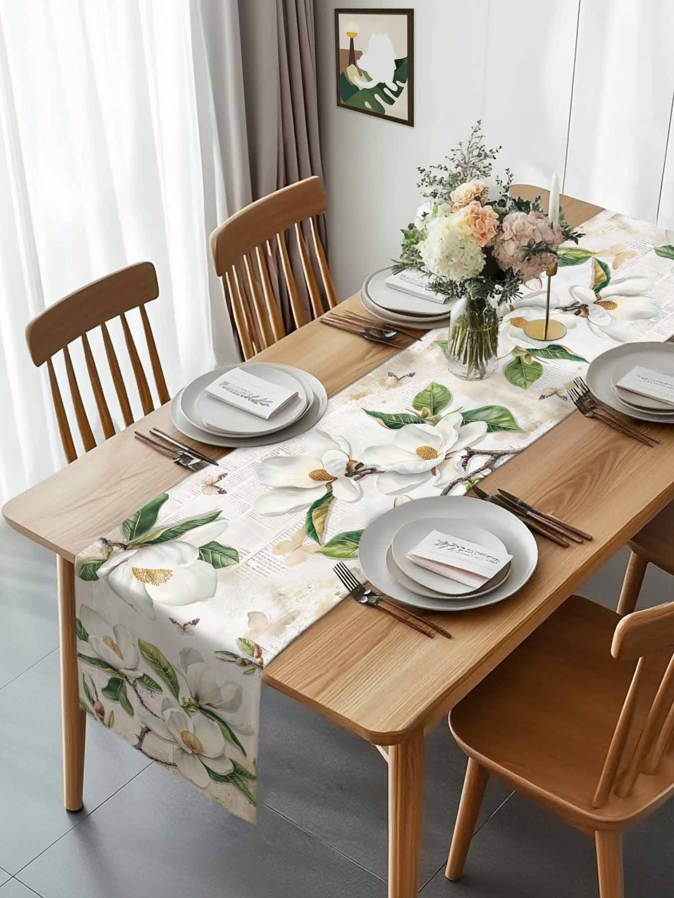 Retro Magnolia on Newspaper Table Runner 90 Inches Long, Butterfly White Floral Green Leaf Table Runners Tabletop Scarf Kitchen Dining Tables Decoration for Home Party Indoor Outdoor