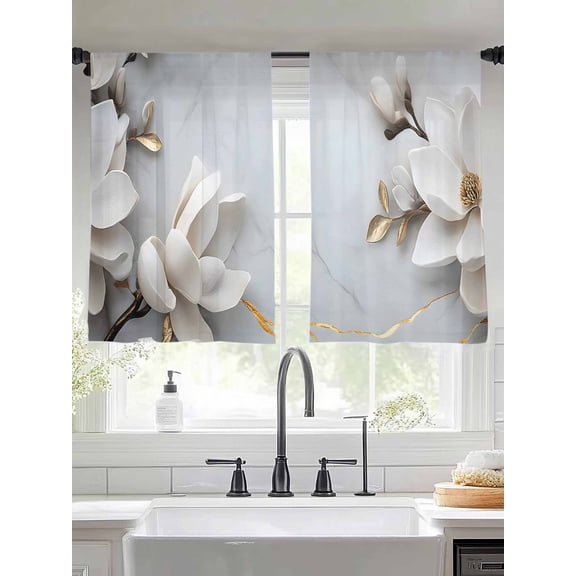 Retro Magnolia Sheer Curtains 54 Inches Long 2 Panels White Floral Light Filtering Semi Sheer Window Curtains Drapes for Bedroom Living Room 52"x54"