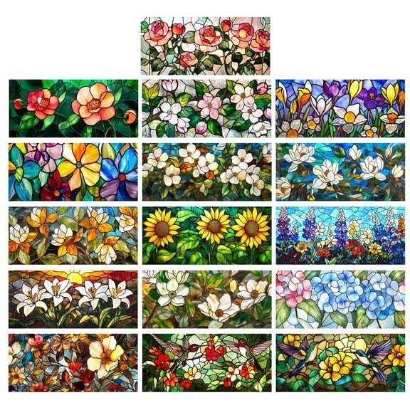 Retro Magnolia Static Cling Window Privacy Film, Removable Sun Blocking Stained Glass Decal,Floral Rainbow Decoration for Living Room Bathroom Kitchen, Adds Privacy & UV Protection (16.93x39.37 Inch)