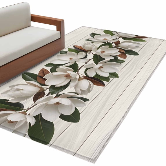 Retro Magnolia Washable Area Rug 3x5ft Flower Leaf Classic Beige Wood Grain Texture Soft Rectangle Rugs for Living Room, Non Slip Carpet for Bedroom Entryway Dining Room