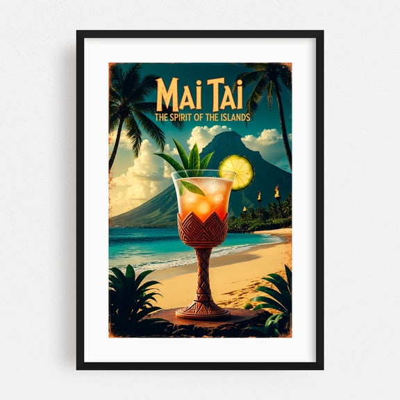 Retro Mai Tai Drink Art: Timeless Polynesian Charm - Illustration Tropical Cocktail Beach Travel Poster Vintage Poster Palm Tree Ocean Black Framed Wall Art Print 12 x 18 inches