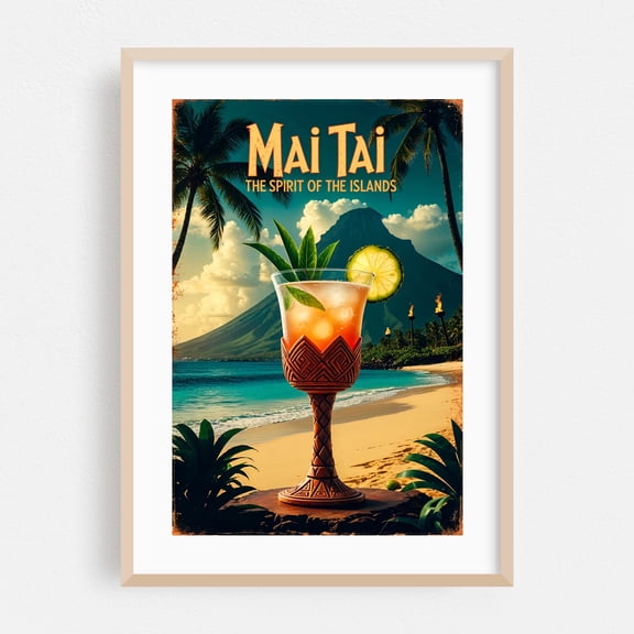 Retro Mai Tai Drink Art: Timeless Polynesian Charm - Illustration Tropical Cocktail Beach Travel Poster Vintage Poster Palm Tree Ocean Oak Framed Wall Art Print 12 x 18 inches