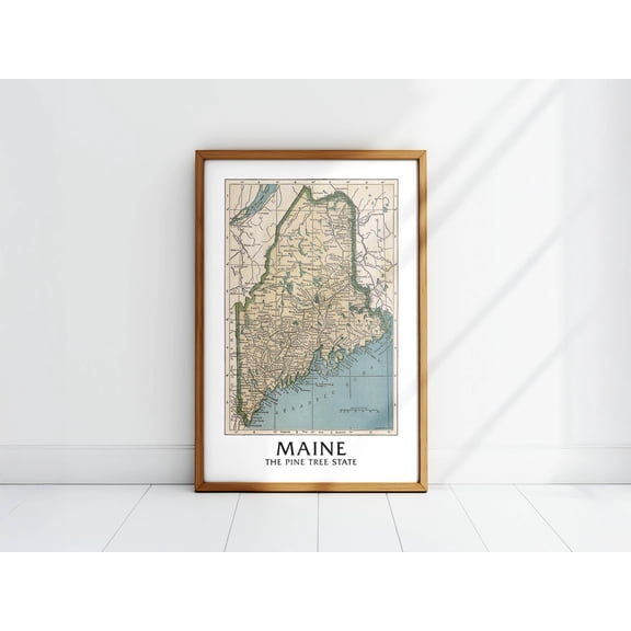 Retro Maine Map Poster Pine Tree State Poster Outdoors Wall Art , Poster Print Only