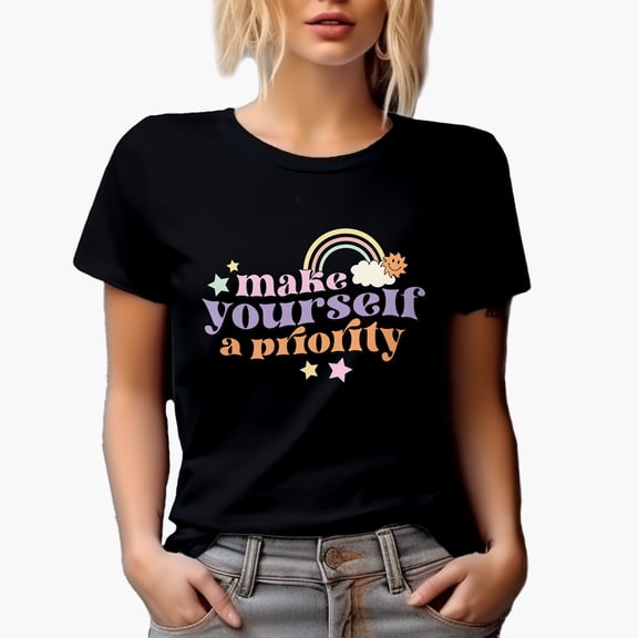 Retro Make Yourself a Priority, Groovy Wavy Text Art Merch Gift, Black T-Shirt, Small