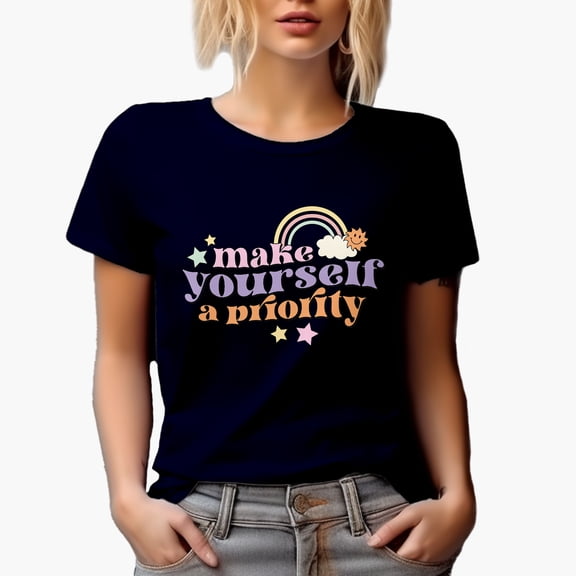 Retro Make Yourself a Priority, Groovy Wavy Text Art Merch Gift, Navy Blue T-Shirt, XL
