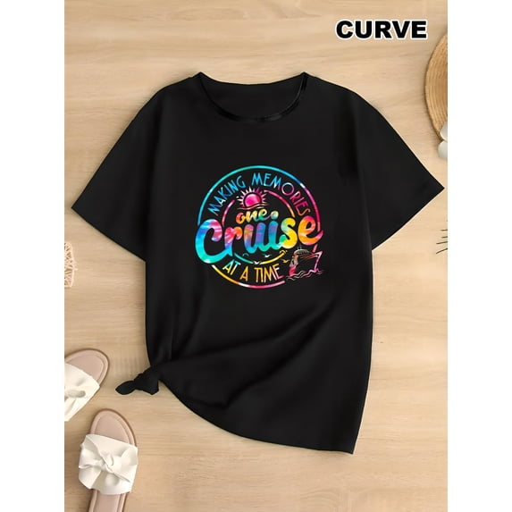 Retro Making Memories One Cruise At A Time Graphic Tee Plus Size Curve Women's Summer Vacation Short Sleeve T-Shirt