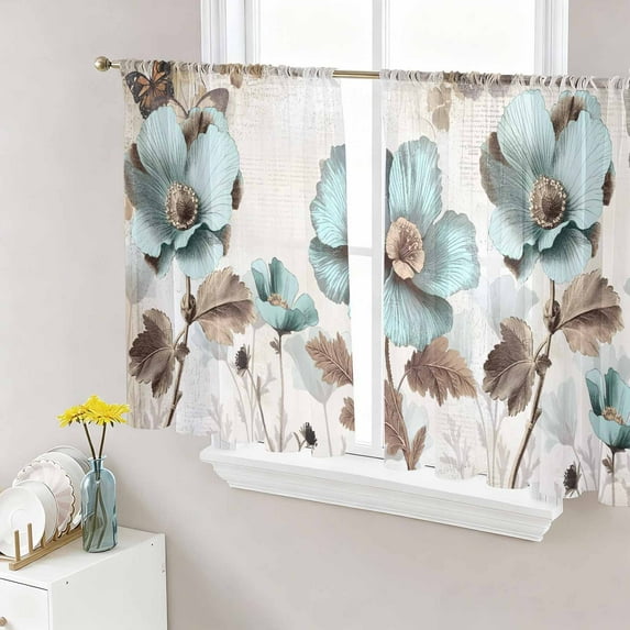 Retro Mallow Flowers Semi Sheer Window Curtains 54 Inches Long, Spring Floral Butterfly Elegant Rod Pocket Voile Silky Chiffon Curtain Light Filtering Drapes for Living Room, 52"x54", 2 Panels