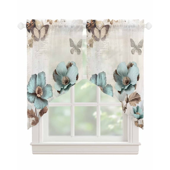 Retro Mallow Flowers Swag Valances for Windows, Spring Floral Butterfly Elegant Rod Pocket Sheer Valances for Small Windows, Swag Toppers Light Filtering for Kitchen Living Room 2 Panels 36''x36''
