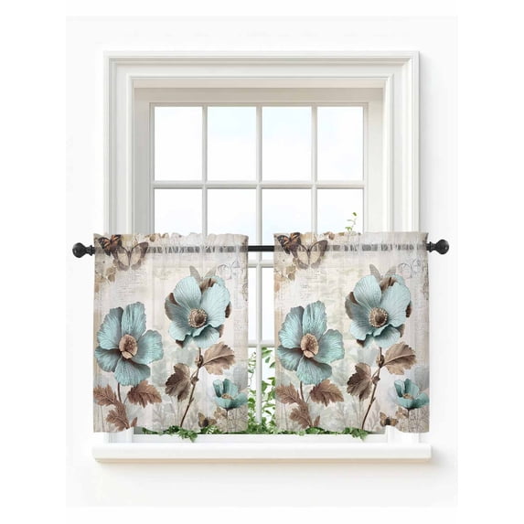 Retro Mallow Flowers Tier Curtains 36 Inch Length,Sheer Curtains for Bedroom Living Room Window Spring Floral Butterfly Elegant Rod Pocket Drapes Kitchen Curtains Small Half Window 27.5"x36" 2 Panels