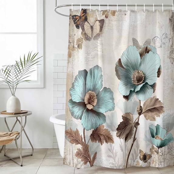 Retro Mallow Flowers Waterproof Fabric Shower Curtain,Spring Floral Butterfly Elegant Waterproof Fabric Shower Curtain for Bathroom Curtains Bathtubs Shower Curtains with 12 Hooks Standard 66x72