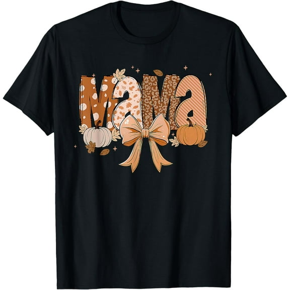 Retro Mama Coquette Bows Leopard Mom Fall Thanksgiving Women T-Shirt