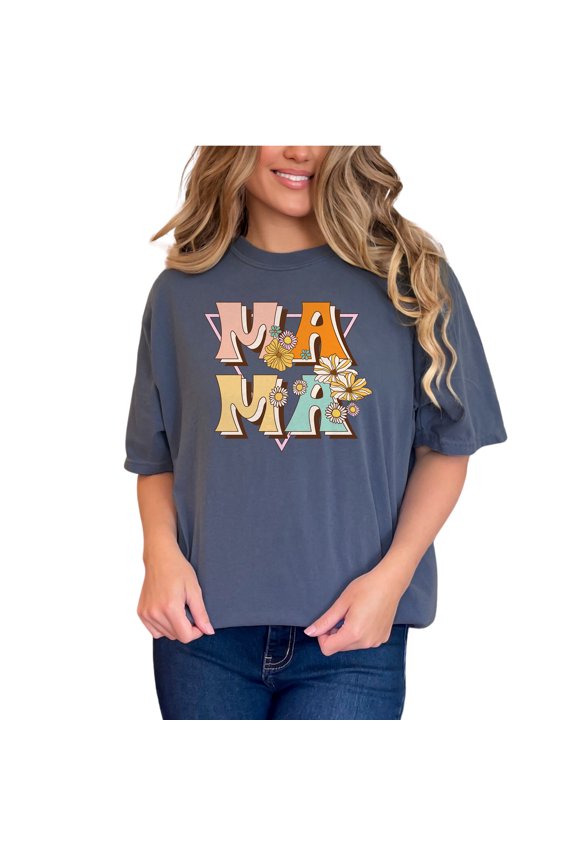 Retro Mama, Flowers Art Mother's Day, Denim Comfort Colors T-Shirt, 2XL