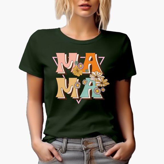 Retro Mama, Flowers Art Mother's Day Merch Gift, Military Green T-Shirt, Large