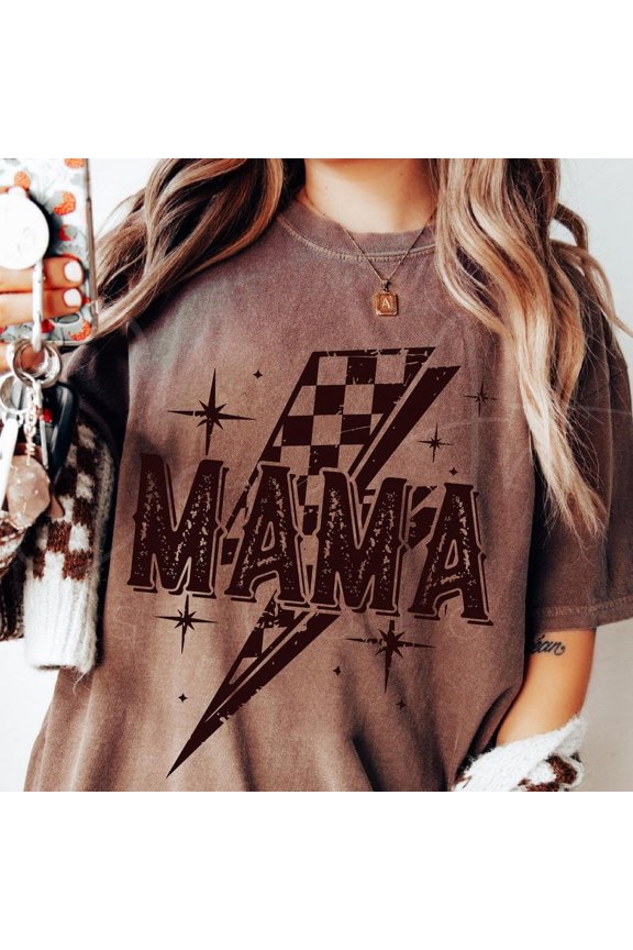 Retro Mama Lightning Bolt T-Shirt, Grunge Checkered Cool Mom Shirt, Distressed Graphic Tee for Moms