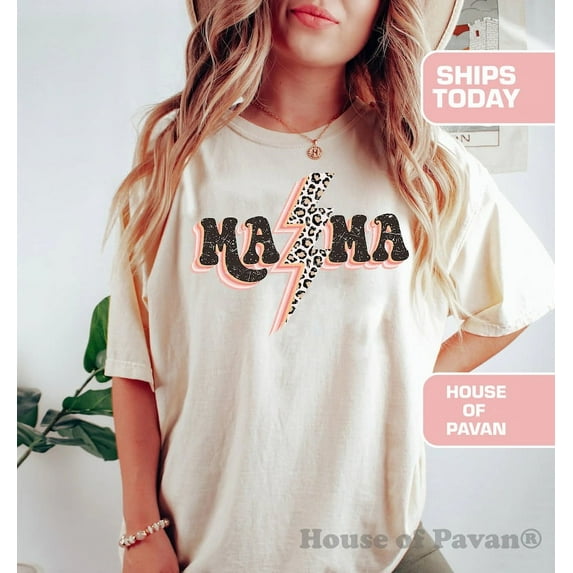 Retro Mama Lightning Shirt, Vintage Leopard Graphic Tee, Western Style Boho Shirt for Women