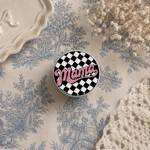 Retro Mama Phone Grip, Checkered Pattern Phone Holder, Aesthetic Pink Text, Trendy Mom Gift Idea E-Reader Grip Accessory