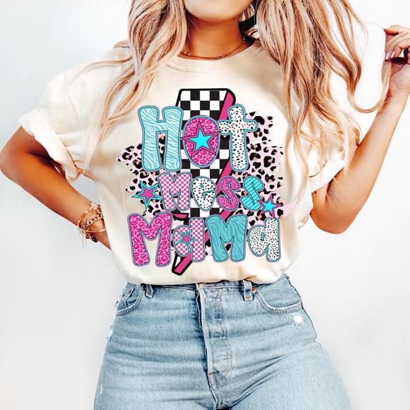 Retro Mama T-Shirt, Preppy Hot Mess Mama Tee, Funny Pink Mother’s Day Shirt, Trendy Groovy Mom Life T-Shirt