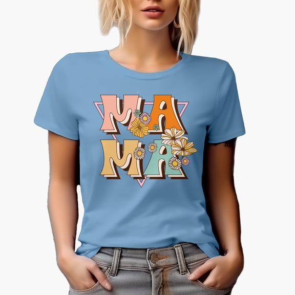 Retro Mama with Flowers Art Mother's Day Merch Gift, Baby Blue T-Shirt, XL
