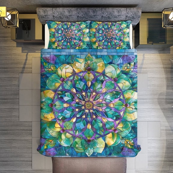 Retro Mandala Glass Flower Quilt Cover Set Fashionable Printed Bedding Covers with Pillowcase Home Textiles, King (90"x102")