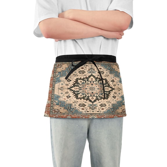 Retro Mandala Server Apron with 3 Pockets Waterproof Waitress Waist Short Apron for Man Woman 12 Inches