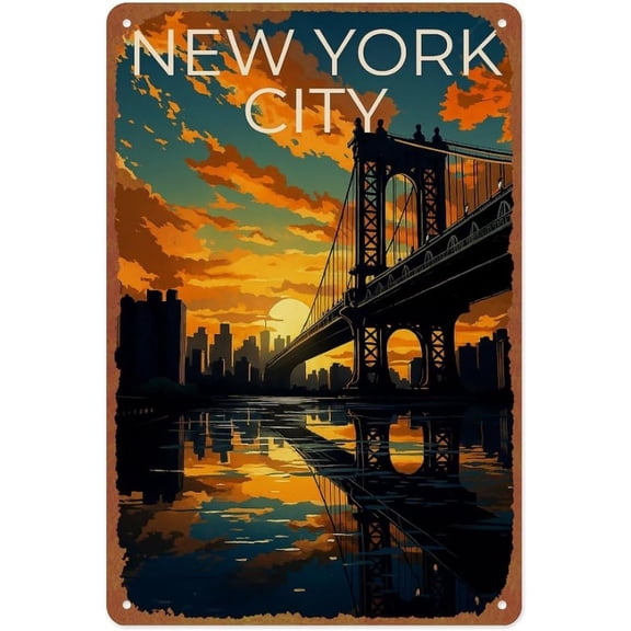 Retro Manhattan Bridge City Metal Wall Sign 12x8 Inch Living Room Corridor Bathroom Bedroom Bar Office Decor