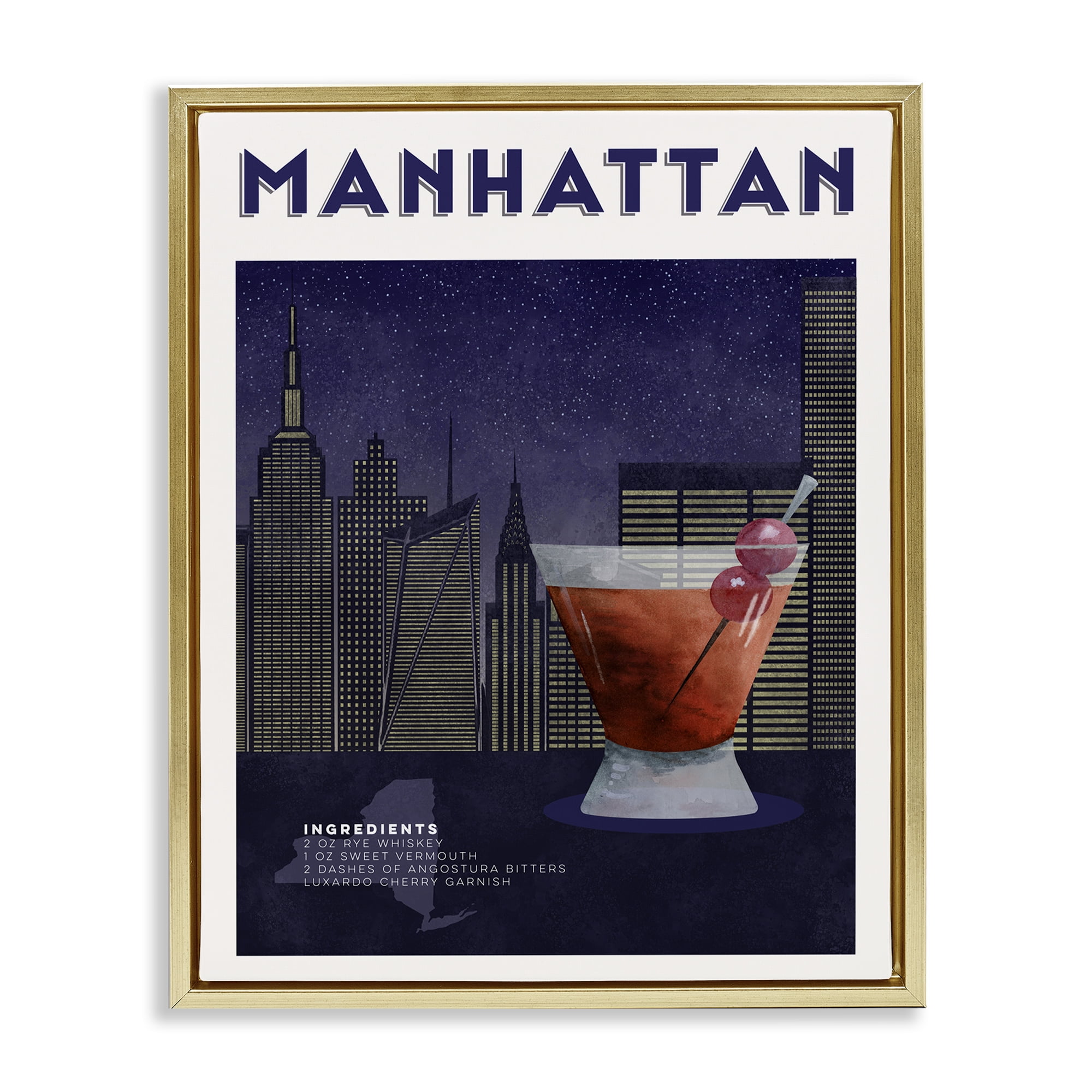 Retro Manhattan Cocktail Cityscape Gold Framed Floater Canvas Wall Art, design by Brett Blumenthal