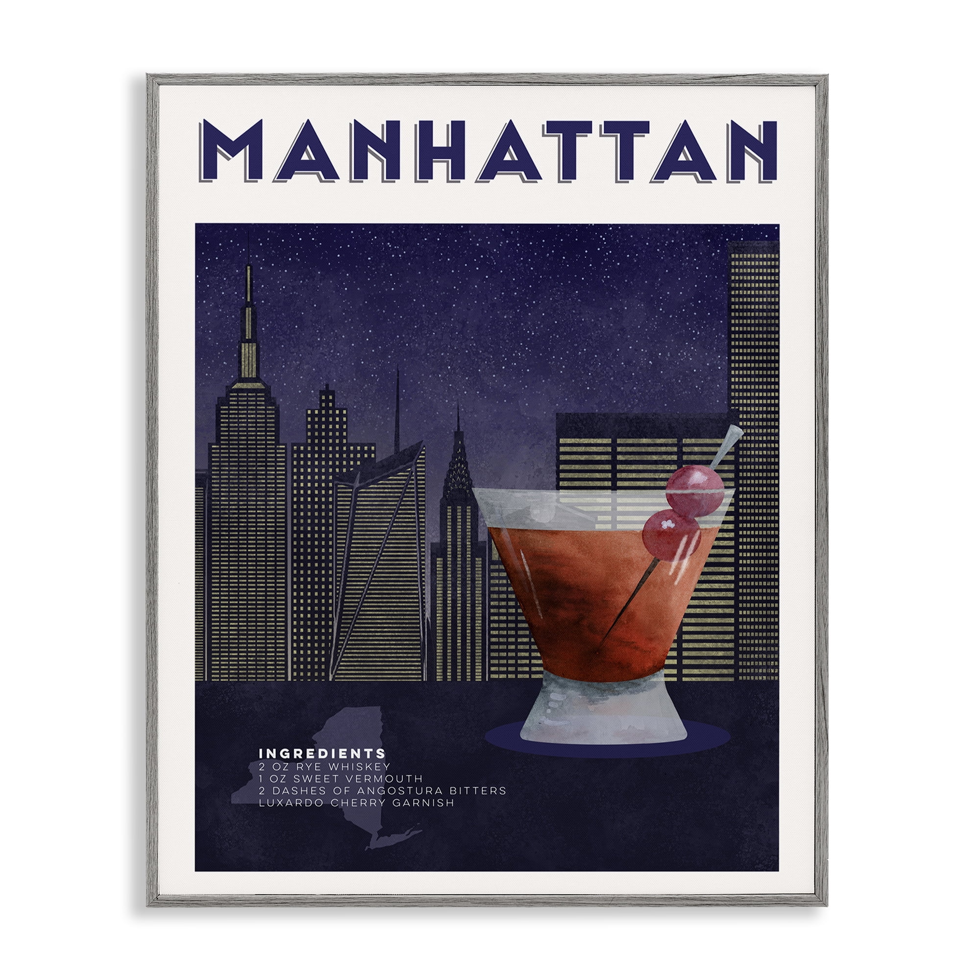 Retro Manhattan Cocktail Cityscape Gray Framed Giclee Art, design by Brett Blumenthal