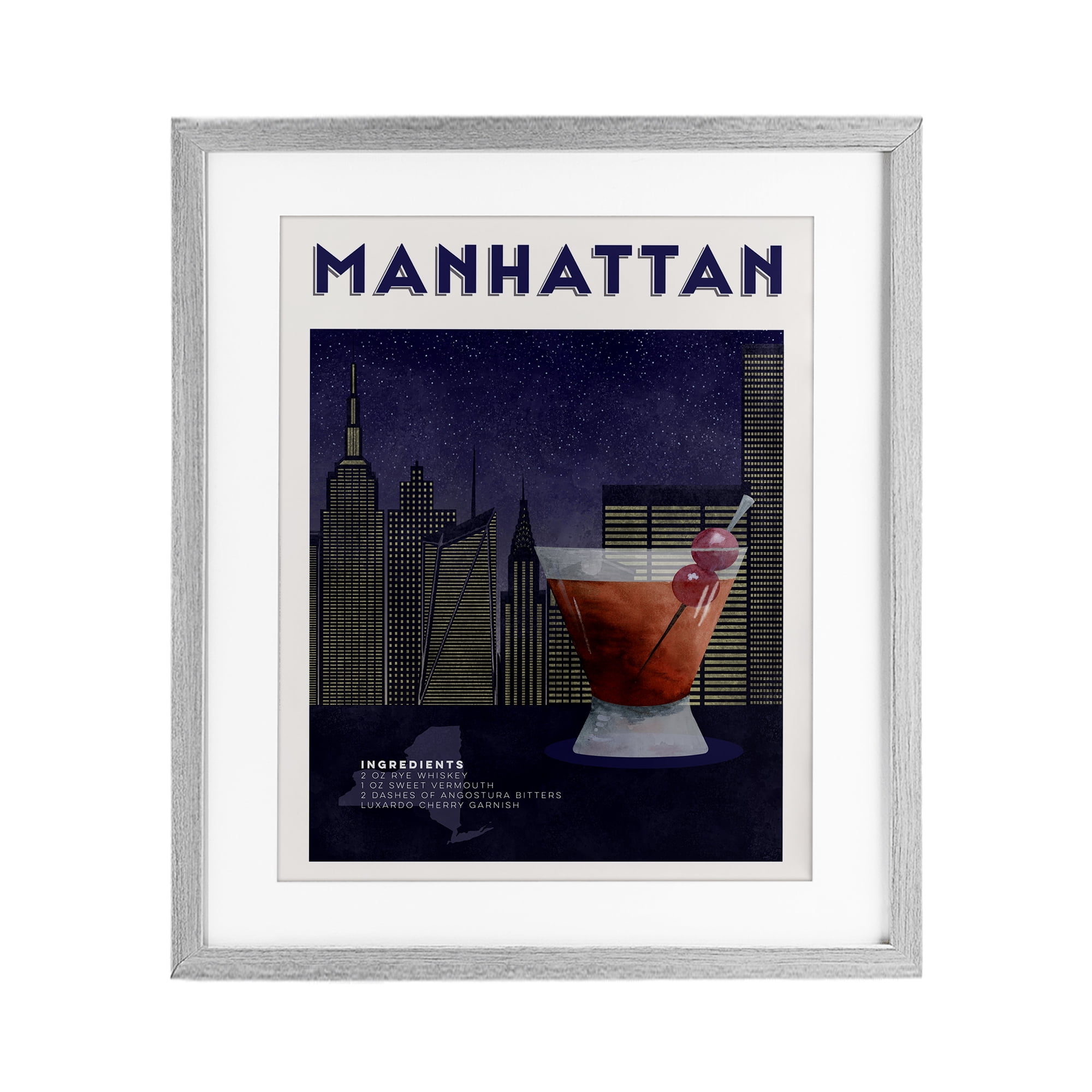 Retro Manhattan Cocktail Cityscape Gray Framed Print Under Glass, design by Brett Blumenthal