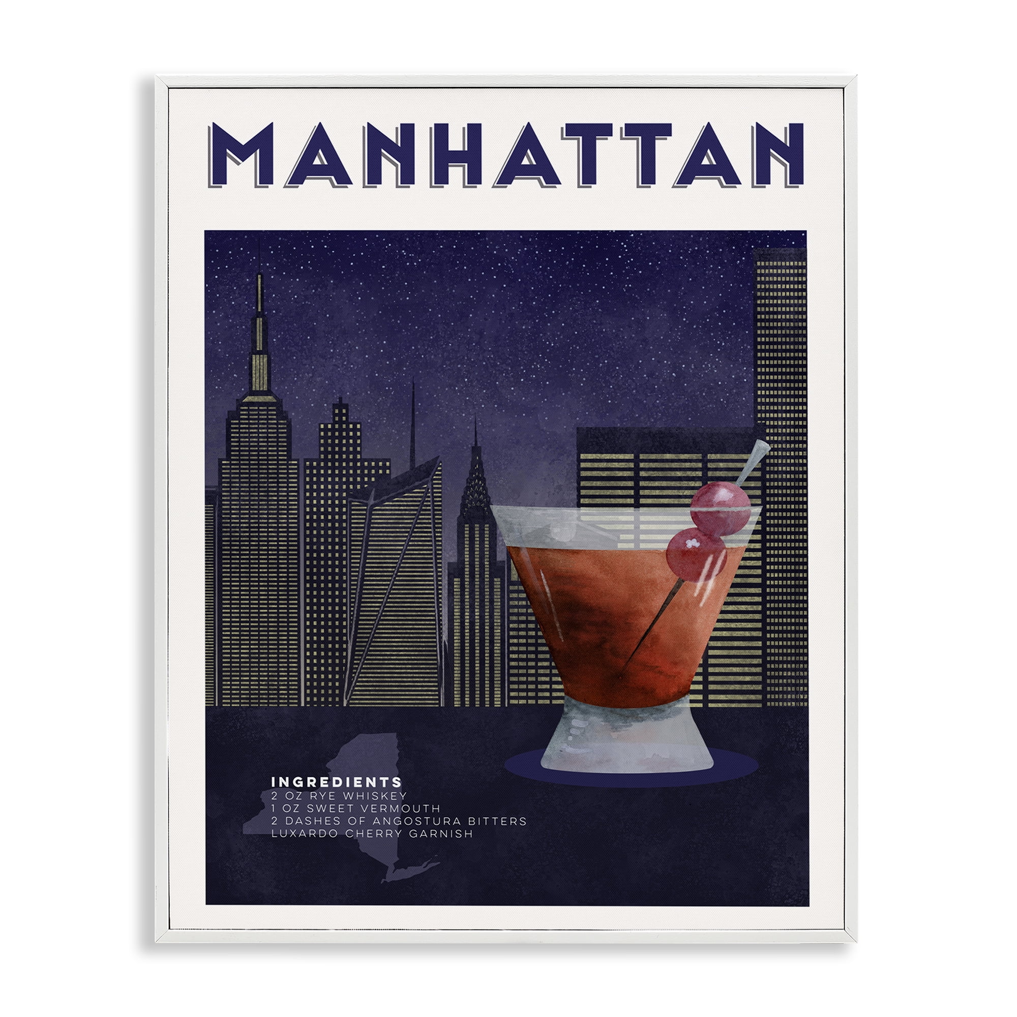 Retro Manhattan Cocktail Cityscape White Framed Giclee Art, design by Brett Blumenthal